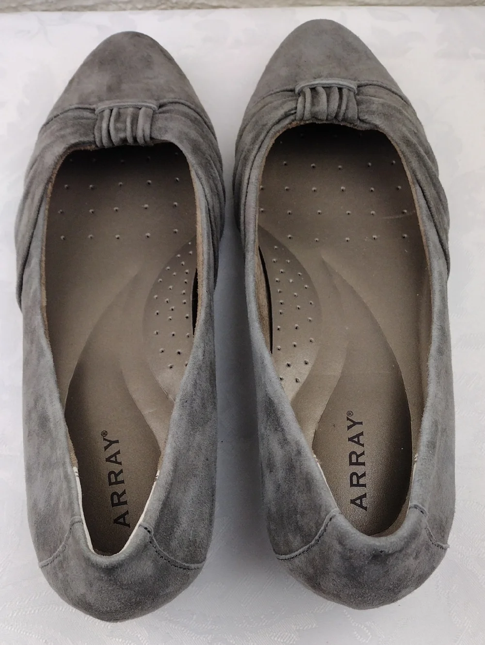 Array Grey Suede Leather Ruching Upper Almond Toe Slip On Low Wedged Heel Shoe